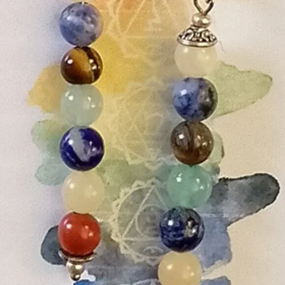 CHAKRA STONES EARRINGS, SILVERY BALI STYLE ACCENTS - Picture 2 of 7